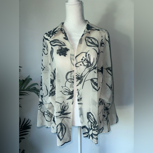 Zara Tops - Zara Women’s Sheer Ivory Floral Chiffon Blouse Size M